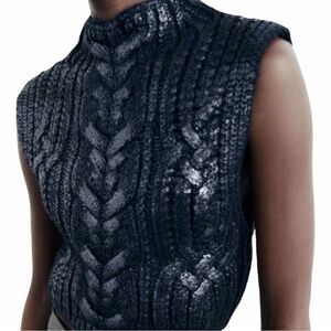 Zara - Navy Metallic Cable Knit Cowl Neck